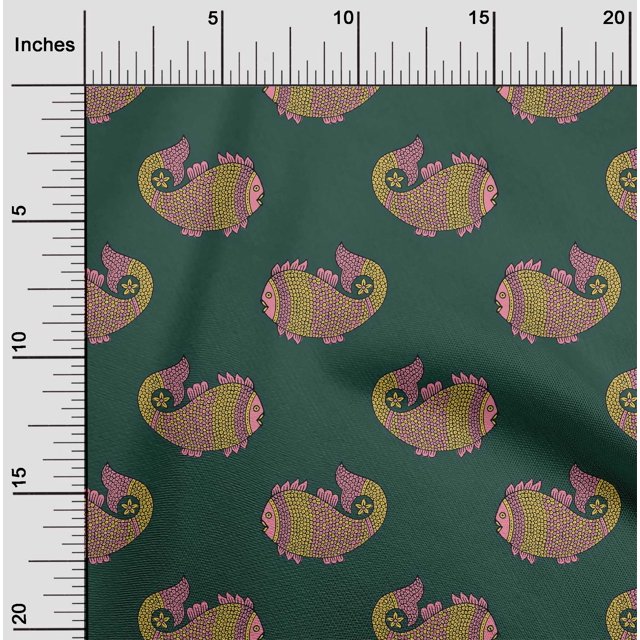 oneOone Organic Cotton Poplin Twill Fabric Fish Block Printed Craft Fabric BTY 42 Inch Wide