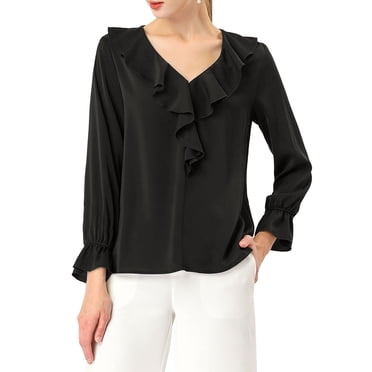 INSPIRE CHIC Blouse à Volants pour Femme, Élégante, Col en V, Manches Longues, Haut Habillé pour le Travail, Noir, P