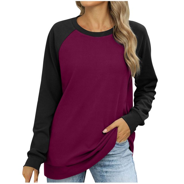 MeetoTime T-Shirts d'Automne pour Femmes à Épaules Tombantes en Molleton, Col Rond, Manches Longues, à Blocs de Couleur