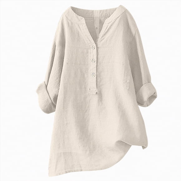 WUANDIXFA Long Sleeve Tunic Tops for Women Loose Button Down Blouse Tops Stand Solid Sleeve Long Casual Women Shirt Women's Blouse Beige,XL