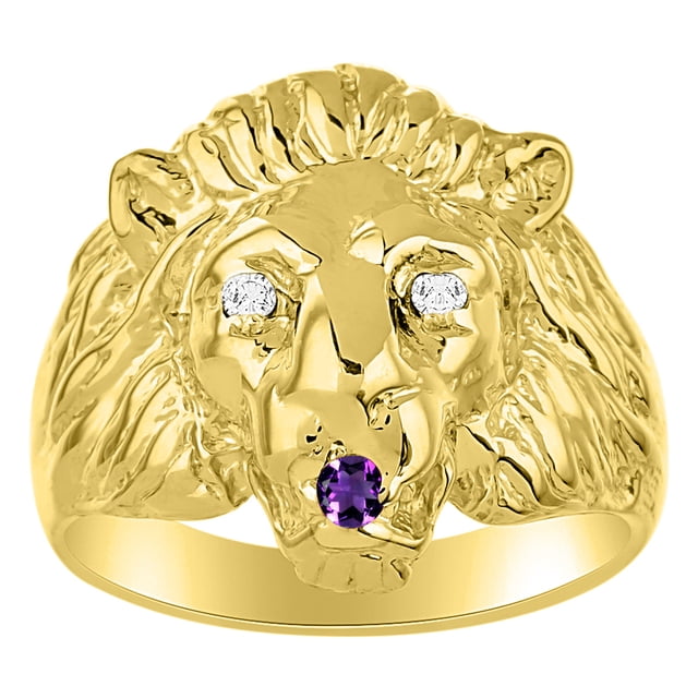 RYLOS Rings Gold Plated Silver Lion Head Ring Diamonds in Eyes & Gemstone Mouth Fun Designer Rings Amethyst Jewelry Size 7