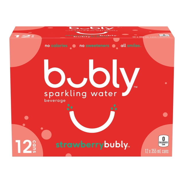 Bubly Strawberry Sparkling Water 12 x 355 mL cans pack with bright red packaging featuring white and green text, emphasizing no calories, no sweeteners, and natural fruit flavor for a refreshing sparkling water beverage suitable for any occasion.