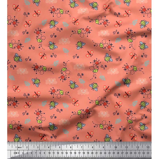 Soimoi Tissu Georgette Poly Orange Abeille et Bouillotte Insectes Imprimé Tissu au Mètre 42 Pouces de Large