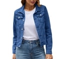 thumbnail image 3 of Women's Denim Jacket Basic Solid Color Button Down Coat with Pockets Stylish Casual Outerwear Comfortable Fit, 3 of 8