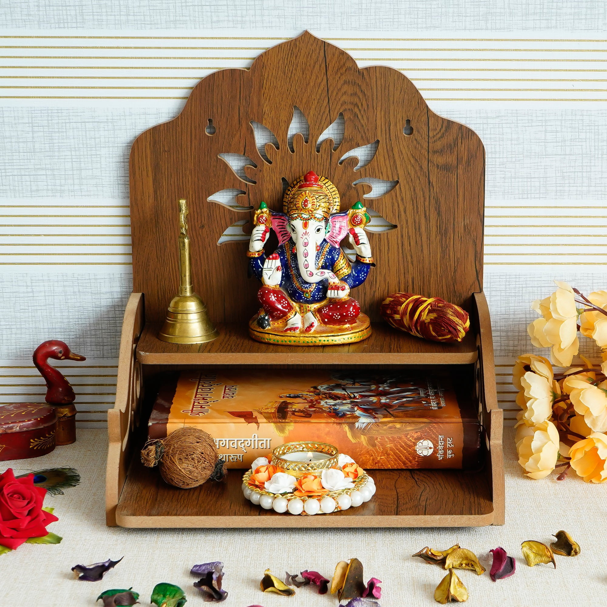 Brown Swastik Design With Shelf Laminated Wooden Pooja Temple Or Mandir