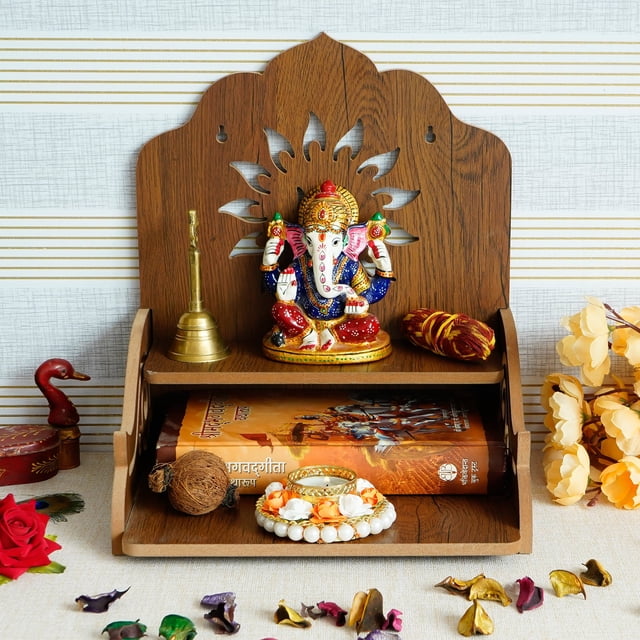 Brown Swastik Design With Shelf Laminated Wooden Pooja Temple Or Mandir
