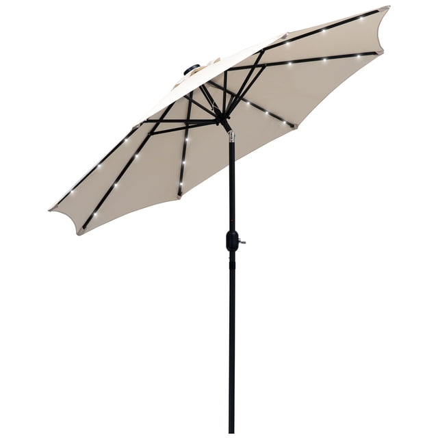 Outsunny 9ft Solar Patio Umbrella with LED Lights Tilt Canopy, Cream White