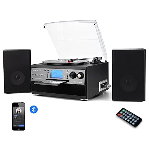 DIGITNOW Tourne-Disque Bluetooth avec Haut-Parleur Stéréo, Convertisseur LP Vinyle vers MP3 avec CD, Cassette, Radio, Entrée AUX et Encodage USB/SD, Télécommande, Lecteur Audio Musique avec Amplificateur Intégré
