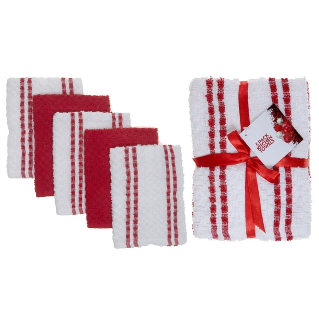 5 Pack Red Striped Terry Kitchen Towels made of cotton, showing five folded towels in red and white with striped and solid patterns, tied with a red ribbon, ideal for kitchen linen and multipurpose cleaning tasks.