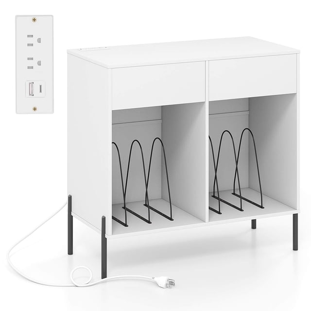 Costway Large Record Player Stand with Charging Station Storage Compartments & 2 Drawers in white. This stand features a spacious top for turntables, two pull-out drawers with smooth metal slides, and two storage compartments with removable dividers for up to 80 vinyl records. Includes a built-in charging station with 2 AC outlets, 1 USB port, and 1 Type-C port. Constructed with sturdy metal legs, anti-slip foot pads, and anti-tip kits for stability and safety. The sleek white finish and wood grain design make it suitable for living rooms, bedrooms, or offices. Dimensions: 32 inches long, 16 inches wide, and 31 inches high.