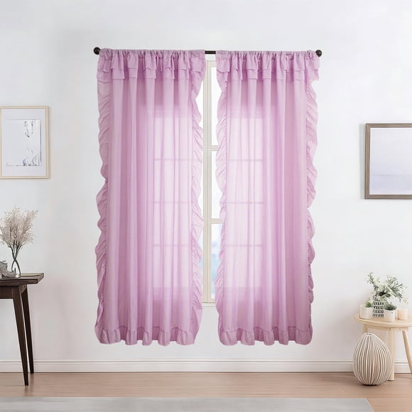 Sheer Ruffle Trim Curtains, Polyester, 100x200cm, Light Filtering, for Living Room, Set of 1