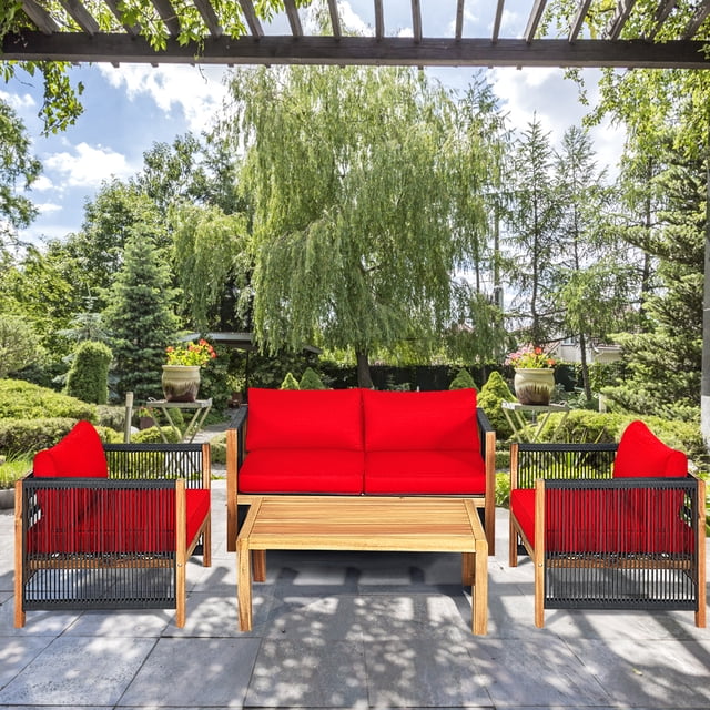 Gymax Ensemble de Conversation pour Patio Extérieur en Bois d'Acacia 4 Pcs avec Coussins Rouges