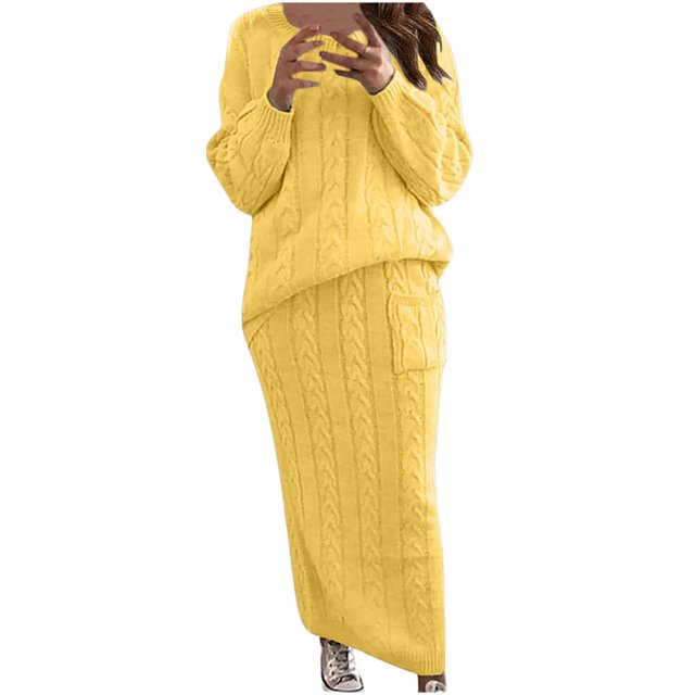 Pompotops Ensemble Jupe Chandail Deux Pièces Chaud Tricoté à Manches Longues Col Rond Couleur Unie pour Femmes