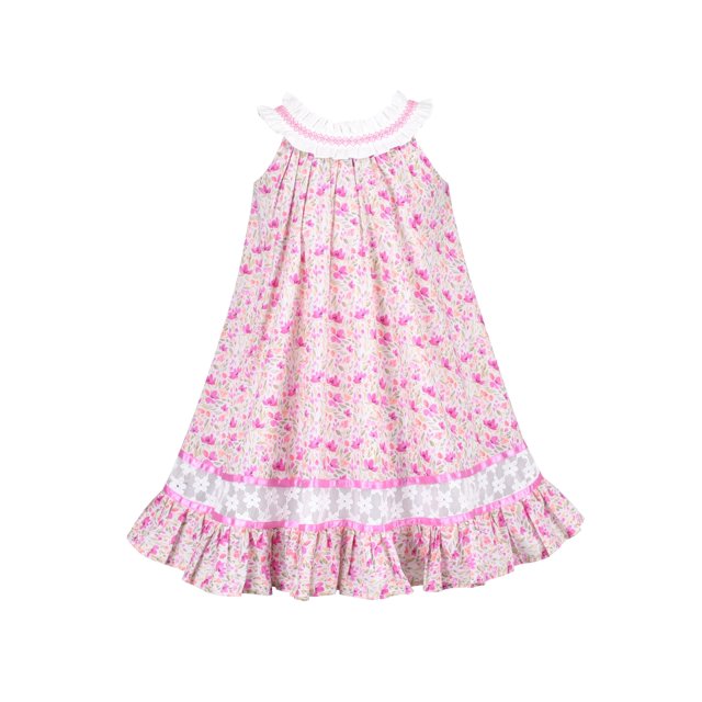 Girls Dress O-neck Embroidery Ruffle A-line Floral Flare Sleeveless 5 Years