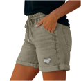 thumbnail image 1 of FYEGRE Short pour Femmes Décontracté Extensible Taille Haute Short en Jean Coupé Short en Denim Short Décontracté Confortable de Plage pour Femmes avec Cordon Vert Armée P, 1 of 7