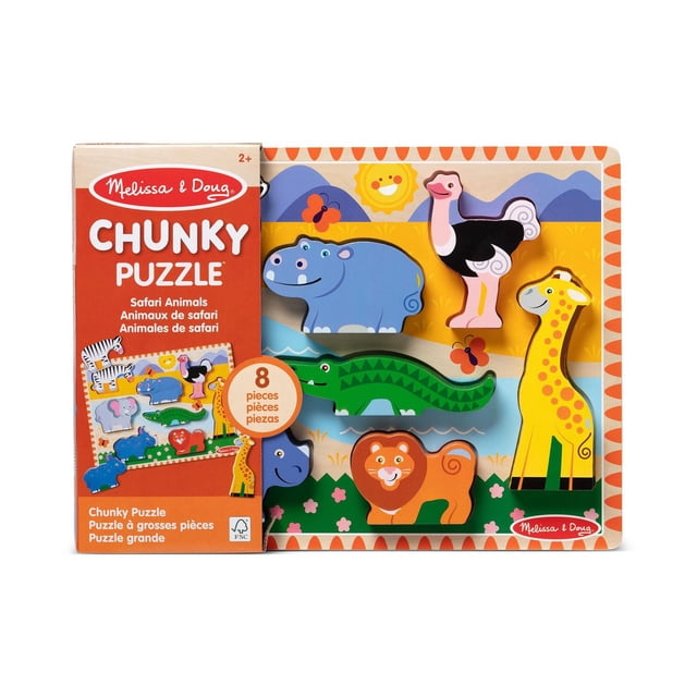 Melissa & Doug Safari Wooden Chunky Puzzle - 8 Pieces - FSC Certified featuring eight extra-thick wooden safari animal pieces including hippo, ostrich, giraffe, crocodile, lion, and elephant on a sturdy puzzle board with colorful background. Pieces stand upright for play, promoting hand-eye coordination, fine motor skills, and creative expression.