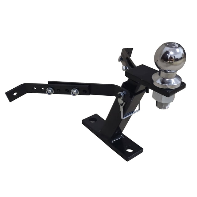 Yard Tuff YTF-LTHB Universal Fit Lawn Tractor Hitch with Custom Fit Brackets, shown in a side angle view. The hitch is constructed from heavy-duty alloy steel with a black powder-coated finish for durability and rust resistance. It features adjustable brackets for a custom fit on various lawn tractors and includes a 2-inch ball for trailer attachment. The dual attachment points support both a trailer ball and a hitch pin, offering versatility for lawn and garden tasks.