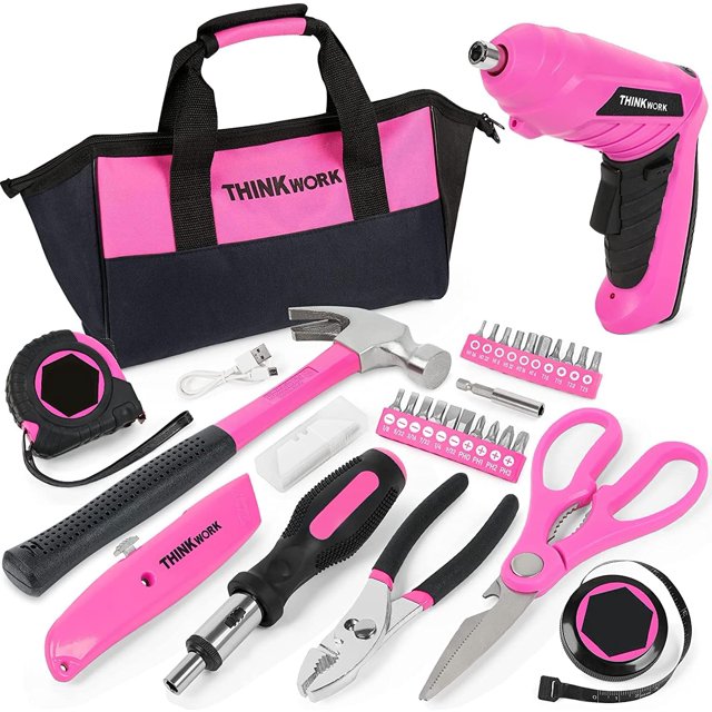 THINKWORK Ensemble d'Outils 41 Pcs Rose - Ensemble d'Outils à Main pour Femme avec Tournevis Électrique Rotatif 3.6V, Kit de Réparation pour Femmes avec Grande Ouverture, Parfait pour Usage Quotidien à la Maison