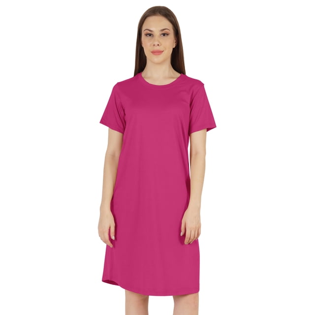 Inkmeso Robe T-Shirt d'Été Décontractée Unie pour Femmes, une Robe Décontractée Longueur Genou en Tissu jersey de viscose. Comprend une Coupe Ample, des Manches Courtes, un Col Rond et un Ourlet Arrondi de Couleur Unie Vibrante. Parfaite pour les Sorties d'Été, les Tenues Décontractées Ou comme Robe de Nuit. Mesure Environ 38 Pouces de Longueur.