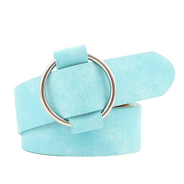 Baohd Female Solid Color Imitation Leather Metal Round Buckle Belt designed for girls and women. Made of high-quality PU material in a light blue shade, featuring a durable metal round buckle. The belt measures 103 cm in length and 3 cm in width, making it suitable for jeans and other pants. Its fine edge stitching and breathable material ensure comfort and durability. Ideal for accessorizing casual or formal outfits.