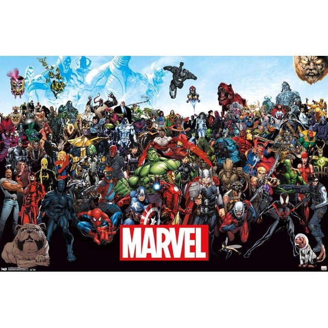 Marvel Comics The Marvel Lineup Wall Poster, 22.375" x 34", a high-resolution glossy print featuring a vibrant collage of Marvel superheroes and villains including Spider-Man, Iron Man, Hulk, Thor, Captain America, Black Panther, Groot, and Rocket Raccoon against a blue sky background with the red and white Marvel logo at the bottom, perfect for wall décor in bedrooms, offices, or dorms and suitable for themed party decoration.