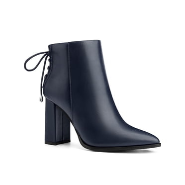 BLISSFUL STEP Women's Ankle Boots Chunky Heel Pointed Toe Back Lace Up Side Zipper Boots Navy Blue 7.5