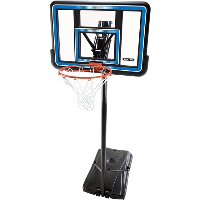 LIFETIME Filet de Basketball Portable Ajustable avec Panneau Arrière en polycarbonate Incassable de 44 Pouces, Doté de Graphiques Bleu et Noir Résistants à la Décoloration, Bord orange Classique avec Filet Toutes Saisons, et une base Portable Noire Robuste avec un Poteau en Acier Réglable en 3 Pcs.