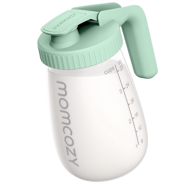 Momcozy Breast Milk Pitcher in green, made of high-grade borosilicate glass, designed for heat and cold resistance. Features a thick sealing strip for leak-proof storage, ergonomic handle for comfort, and a wide-mouth design for easy pouring and cleaning. Marked with measurement indicators, it is BPA-free and suitable for storing breast milk, juice, coffee, tea, or other liquids. Can also be used as a baby formula maker.