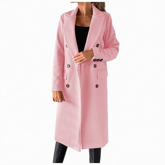 Splozh Women's Jacket Fall Casual Lightweight Ladies Elegant Solid Color Jacket Women Long Length Coats Wool Blend Holiday Lapel Classic Trench Coat Pink,L