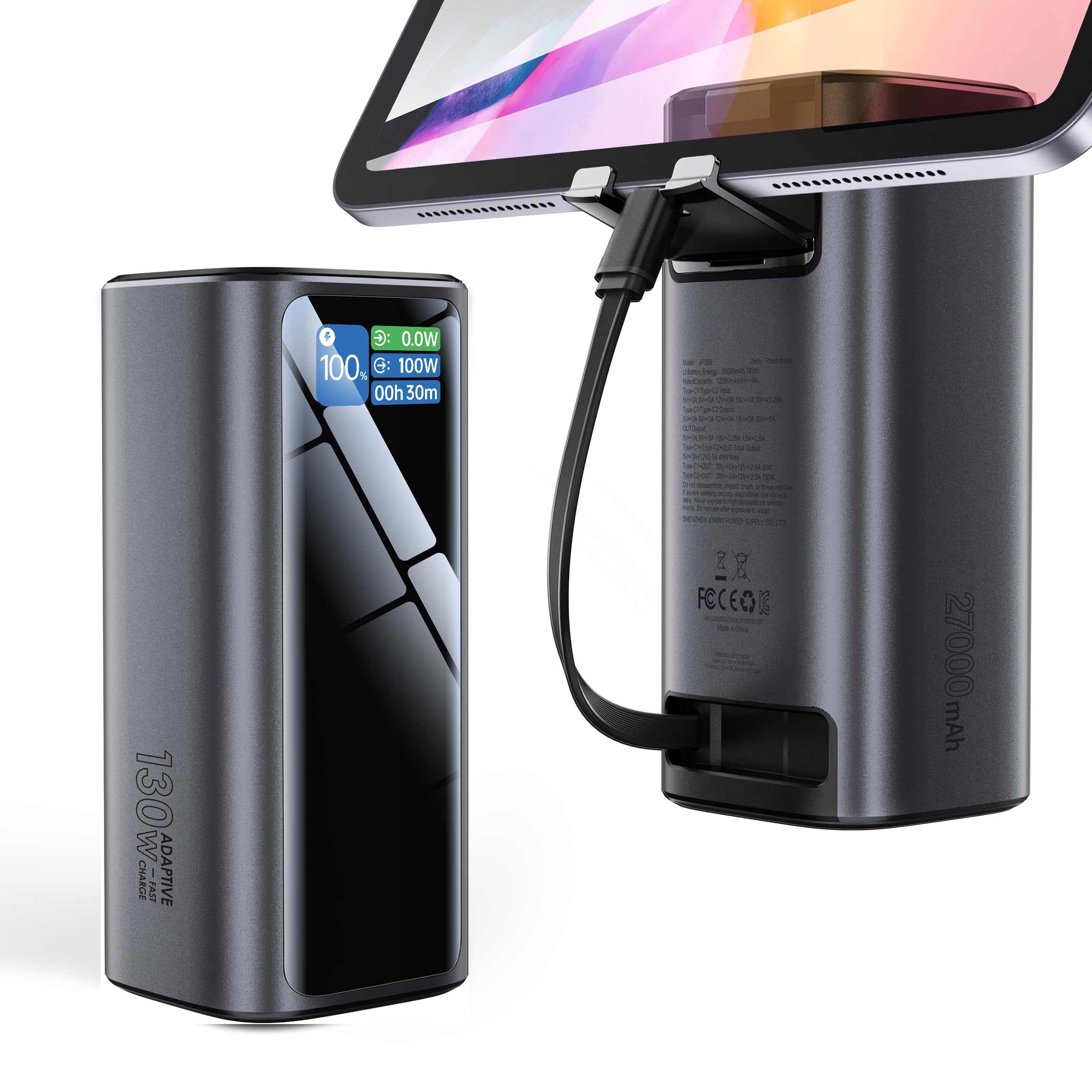 Laptop Power Bank, 130W Portable Charger with Dual Ports & Built-in Retractable Cable, 27000mAh Portable Power Bank with Smart Digital Display, for i