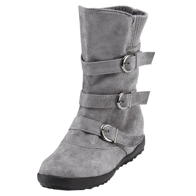 jsaierl Women Suede Round Toe Zipper Flat Pure Color Buckle Strap Keep Warm Snow Boots