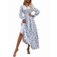thumbnail image 2 of Robe Longue Évasée à Imprimé Floral pour Femme, Col en V, Manches Longues, Décontractée, Portefeuille, Automne, Plage, Évasée, Blanche, P, 2 of 9