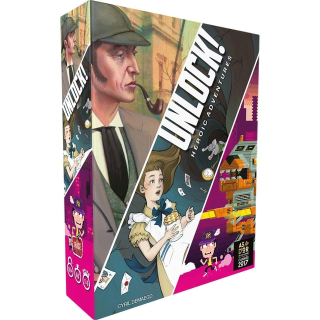 UNLOCK! HEROIC ADVENTURES cooperative card game box showing vintage-style illustrated characters, playing cards, a pocket watch, and pixel art city scenes, designed for family puzzle gameplay and escape room challenges.