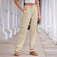 thumbnail image 2 of Besolor Jeans Cargo Taille Haute pour Femmes, Jambe Droite Extensible à Poches à Rabat, Kaki, 2 of 7