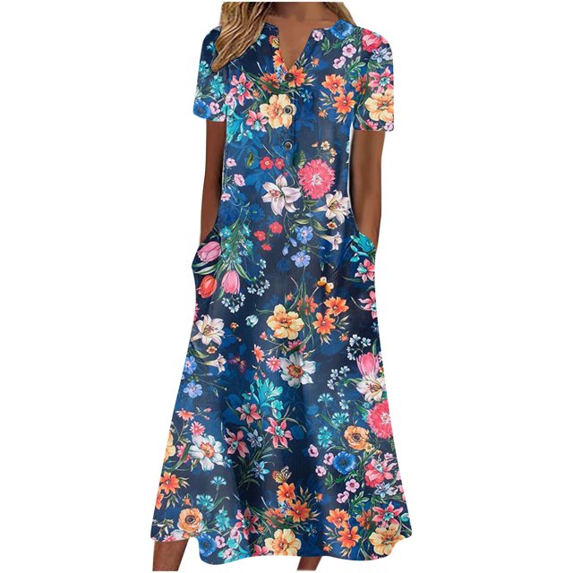 Cameland Robe d'Été pour Femme Décontractée à Col en V avec Boutons, Manches Courtes, Imprimée, Coupe Évasée, avec Poche