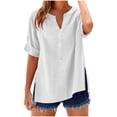 thumbnail image 1 of Women Plus Size Linen Shirts Henley Short Sleeve Summer Casual Tops Split Hem Buttons Up Flowy Dressy Blouses White, M, 1 of 7