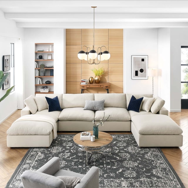 Modway Commix 6-Piece Down Filled Overstuffed Sectional Sofa in Light Beige