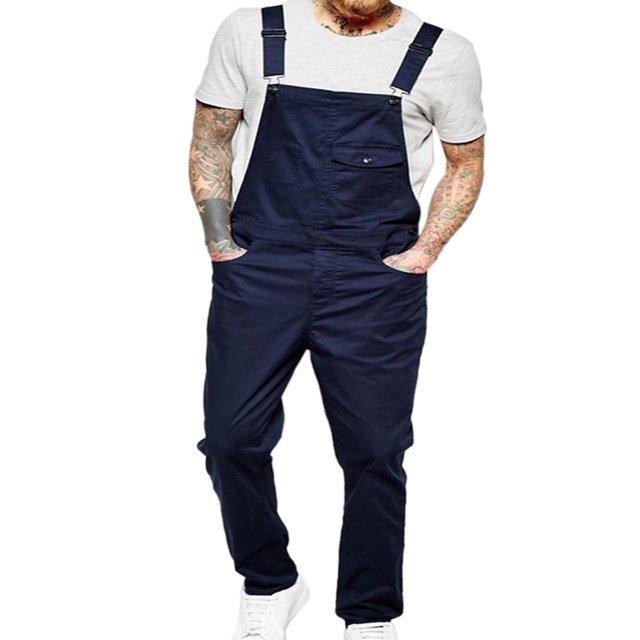 Men Pants Bib Overalls Solid Color Jumpsuit Jeans Suspender Pants