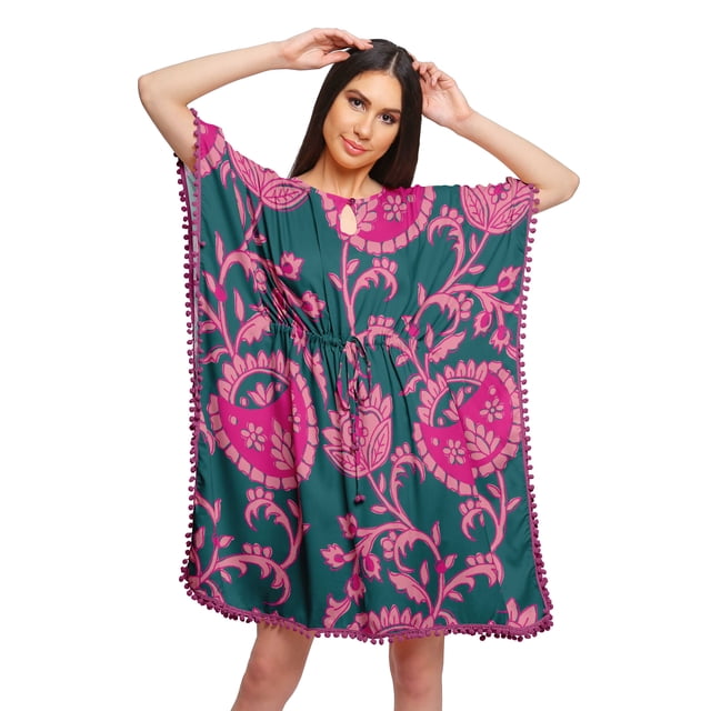 Moomaya Robe Courte de Caftan de Plage, Robe de Couverture Imprimée, Kaftan pour Femmes, Tenue de Plage, Couverture