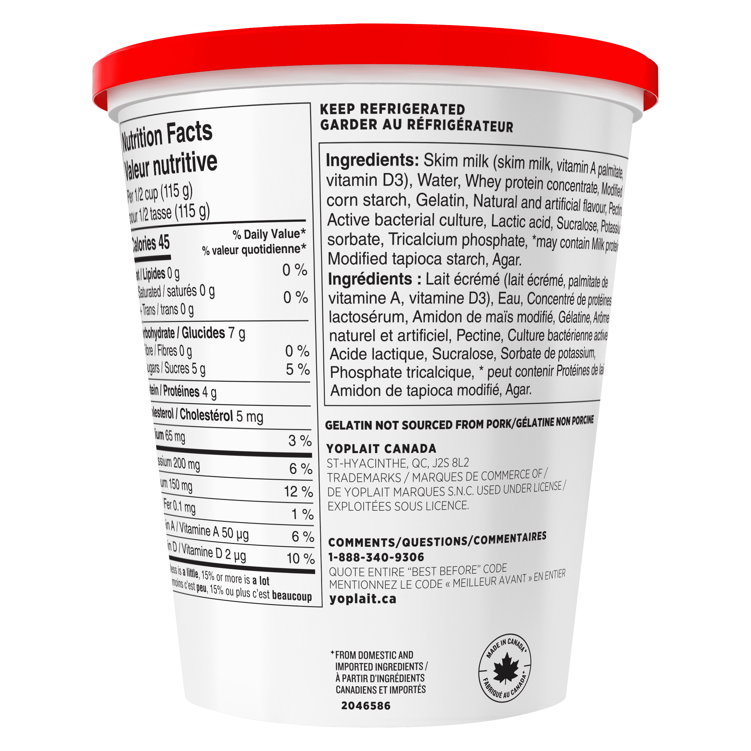 Yogourt traditionnel onctueux Yoplait Source 0 %, vanille, sans sucre ajouté, 630g