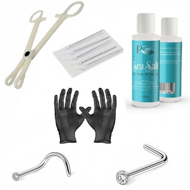 LionGothic Nose Piercing Kit 10pc & pCare Pro Piercing Aftercare 4oz. Includes disposable forceps, two nose rings (L-shape and screw) with clear cubic zirconia (20g, 0.8mm), five needles (18g, 1mm), a pair of black gloves, and a 4oz bottle of sea salt tea tree aftercare solution. Designed for safe and effective piercing and aftercare.