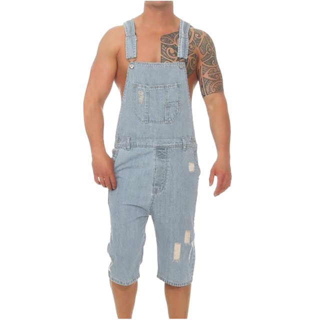 Pisexur Men Casual Fashion Solid Breast Pocket Denim Ripped Shorts Straight Type Overalls