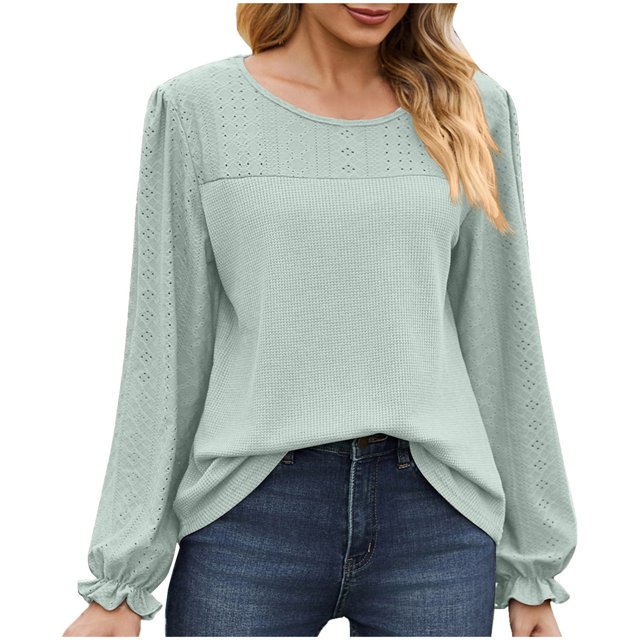 Timegard Blouse for Women Eyelet Scoop Neck Ruffle Long Sleeve Tops Fall Casual Comfy Tops Solid Color