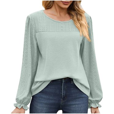 Timegard Blouse for Women Eyelet Scoop Neck Ruffle Long Sleeve Tops Fall Casual Comfy Tops Solid Color