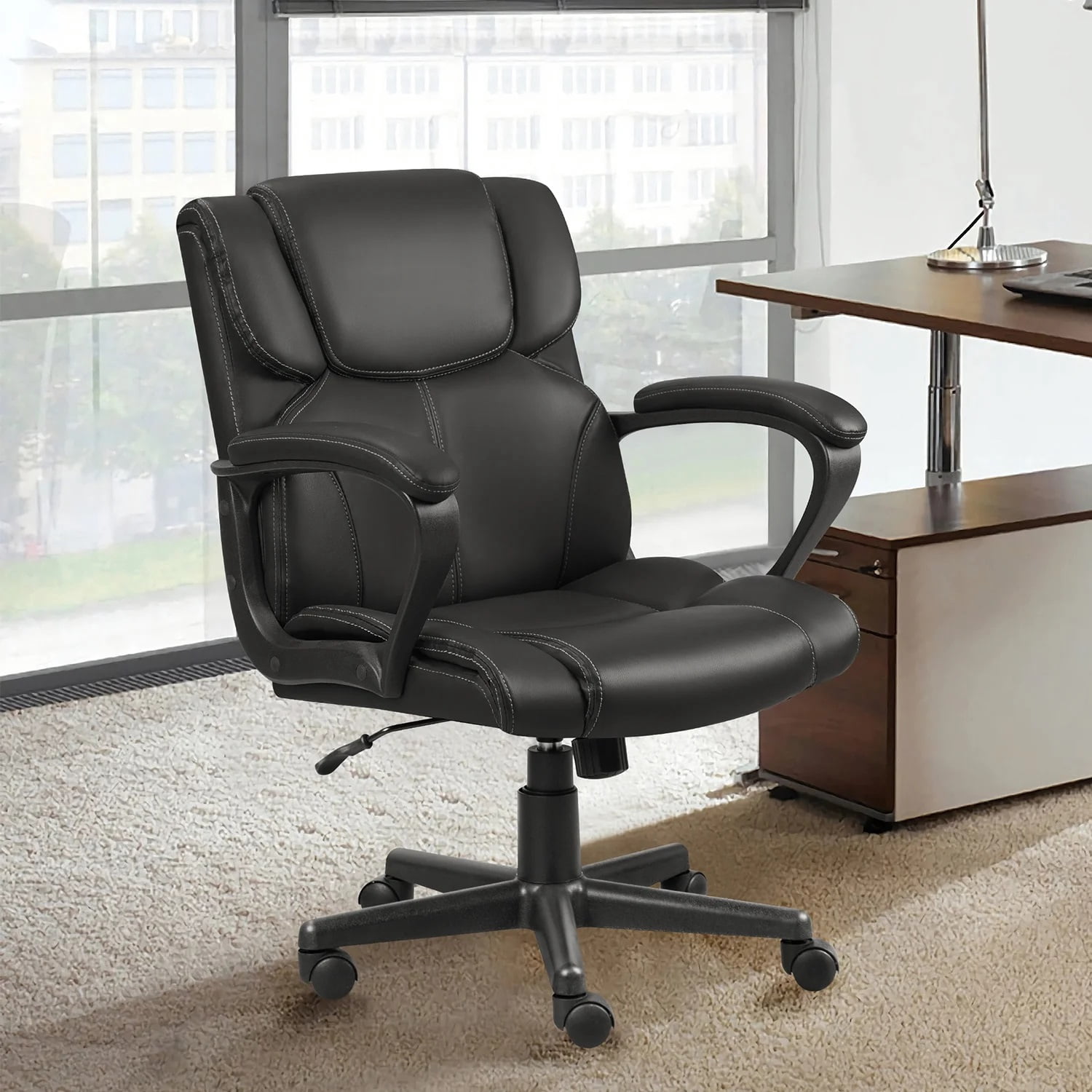 Homall Faux Leather-Padded Mid-Back Office Desk Chair with Lumbar Support Swivel Computer Task Chair with Armrests，Black