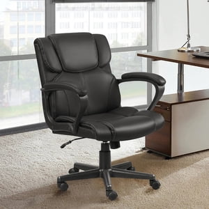 Homall Faux Leather-Padded Mid-Back Office Desk Chair with Lumbar Support Swivel Computer Task Chair with Armrests，Black