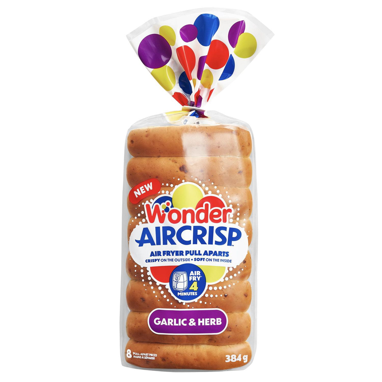 Wonder AirCrisp™ – petits pains à détacher pour friteuse à air, saveur ail et fines herbes, sans arômes ni colorants artificiels, préparés au Canada, 8 morceaux, 384 g