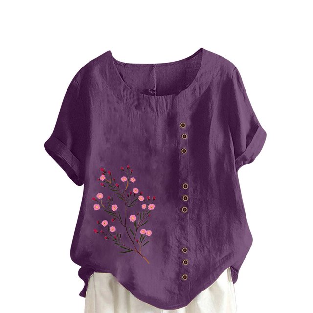 Pisexur Hauts pour Femmes Décontractés en Lin Col Rond Grande Taille Imprimé Manches Courtes T-shirt Blouse, Hauts d'Été pour Femmes Violet, TG