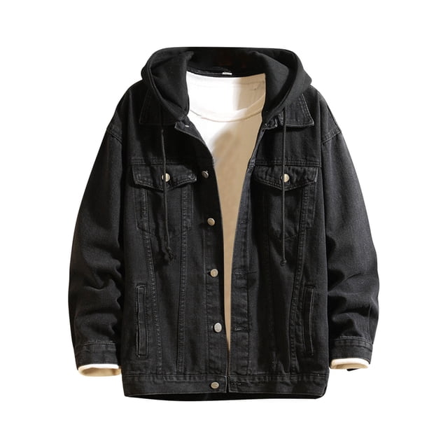 Denim Jacket for Men, Long Sleeve Hooded Motorcycle Style with Button Pocket, Black, Standard Thickness, Hand Wash Cold