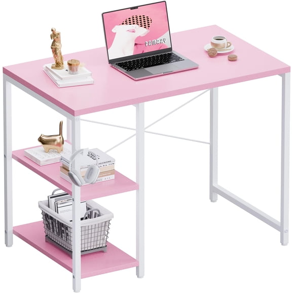 PAMRAY 32 Inch Small Computer Desk with Shelves, Home Office Desk with Headphone Hook for Bedroom, Study Writing PC Table for Small Spaces, Pink